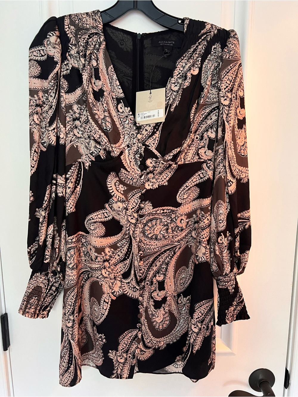 AllSaints Black and Blush Pink Paisley V-Long Sleeve Mini Dress